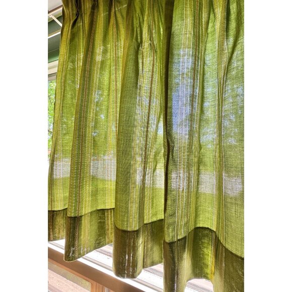 Vintage 70s curtains, avocado green vertical stripes, pair pleated panels - Picture 3 of 10